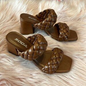 Soda Brown Square Toe Chunky Heel Braided Strap Heels NWOT